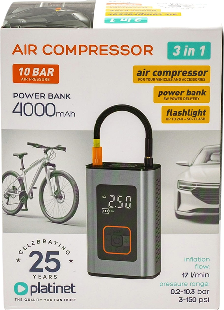 Kompresor Platinet Tire Compressor 3-in-1 Pump Light Power Bank 10bar 4000mah (PTC22) - obraz 8