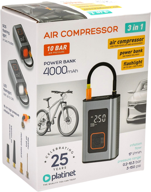 Kompresor Platinet Tire Compressor 3-in-1 Pump Light Power Bank 10bar 4000mah (PTC22) - obraz 9