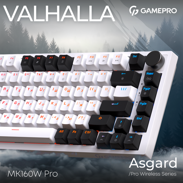 Клавиатура беспроводная GamePro Asgard Valhalla MK160W Pro 75% RGB Wireless/Bluetooth/USB White - Фото 5 Клавиатура беспроводная GamePro Asgard Valhalla MK160W Pro 75% RGB Wireless/Bluetooth/USB White - изображение 5
