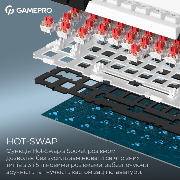 Клавиатура беспроводная GamePro Asgard Valhalla MK160W Pro 75% RGB Wireless/Bluetooth/USB White - Фото 11 Клавиатура беспроводная GamePro Asgard Valhalla MK160W Pro 75% RGB Wireless/Bluetooth/USB White - изображение 11