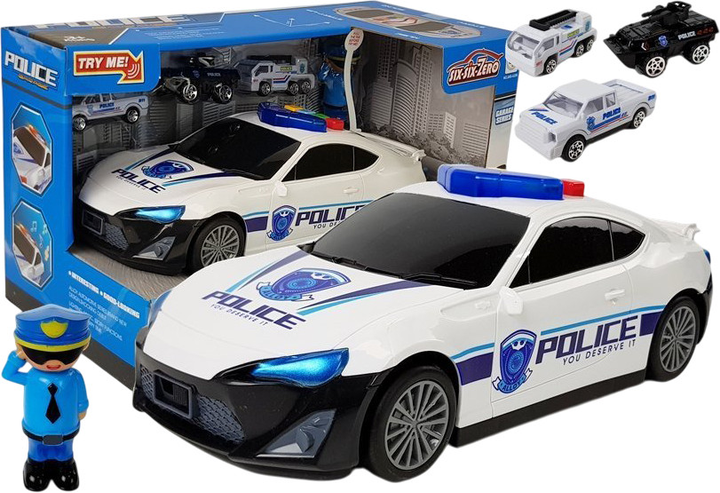 Zestaw samochodzików Lean Toys Wóz policyjny z funkcją garażu + 3 małe autka + figurka policjanta efekty dźwiękowe i świetlne (7537) (5904665996966) - obraz 2