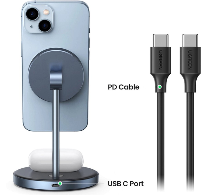 Bezprzewodowa stacja ładująca Ugreen CD317 2in1 Qi2 USB-C MagSafe Black (6957303896684) - obraz 2