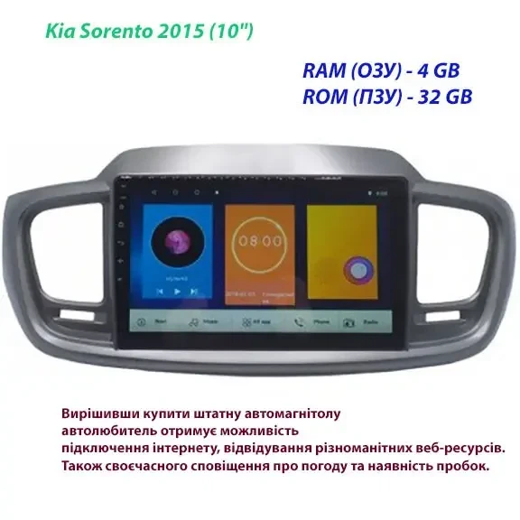 Штатна автомагнітола з навігацією Gps для автомобілів Kia Sorento 2015 10 дюймів Android 10.1 4 ГБ 32 ГБ - зображення 2