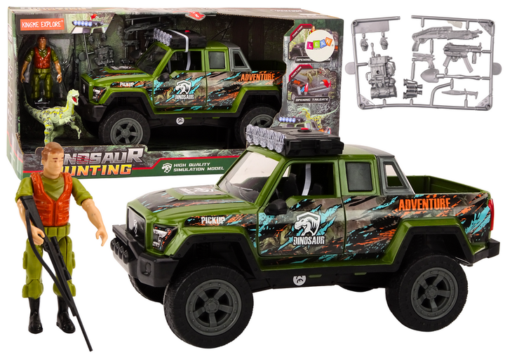 Zestaw Lean Toys Samochód terenowy myśliwski z figurką myśliwego i dinozaurem oraz ze światłami i dźwiękami Zielony (18965) (5905991020455) - obraz 2
