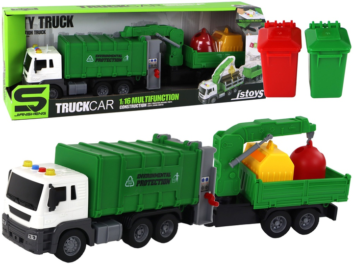Ciężarówka śmieciarka Lean Toys z dźwigiem i przyczepą z napędem frykcyjnym i dźwiękami 1:16 Zielona (16619) (5905884452059) - obraz 2