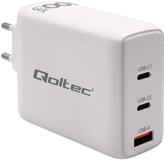 Ładowarka sieciowa Qoltec GaN 100W 5-20V 2x USB-C PD QC 3.0 White (5901878518268) - obraz 2