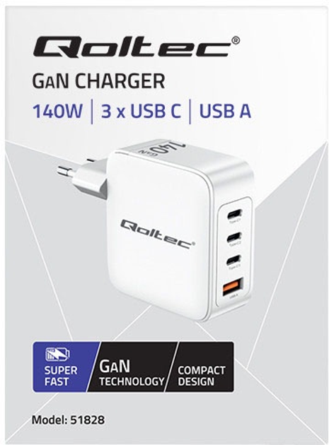 Ładowarka sieciowa Qoltec GaN 140W 5-20V 3x USB-C PD 1x USB QC 3.0 White (5901878518282) - obraz 3