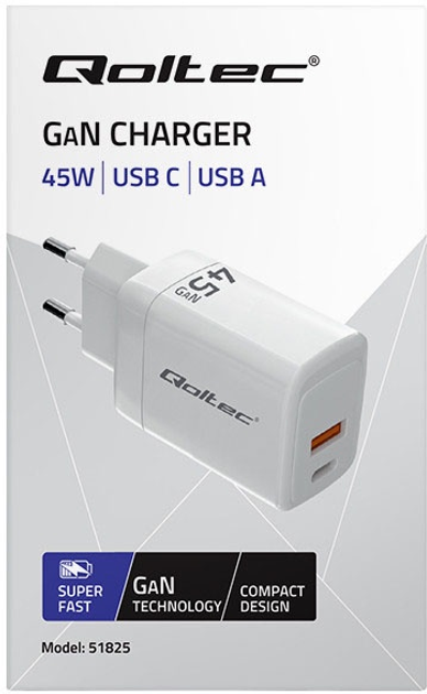Ładowarka sieciowa Qoltec GaN 45W 5-20V 1x USB-C PD 1x USB QC 3.0 White (5901878518251) - obraz 3
