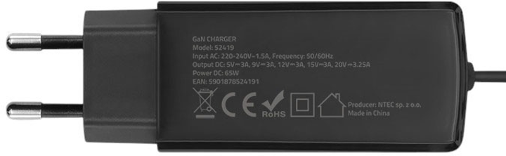 Ładowarka sieciowa Qoltec GaN 65W 5-20V 1x USB-C 3.1 Black (5901878524191) - obraz 4