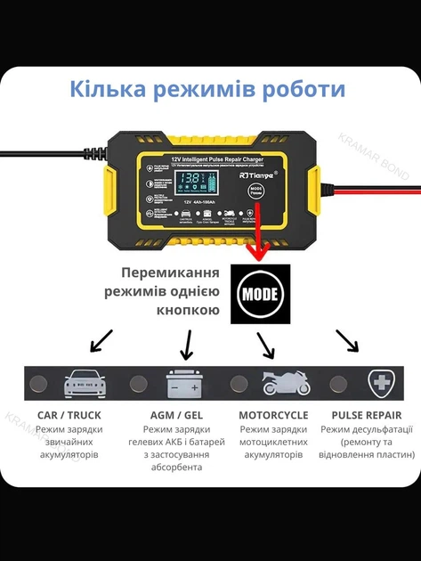 Интеллектуальное зарядное устройство RJTianye RJ-C120501A 6А 12В для автомобильного аккумулятора, АКБ мотоциклов 513140674 - изображение 4