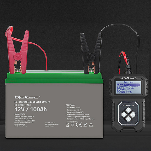 Цифровий тестер акумулятора Qoltec с LCD дисплеем 12V 30-220Ah (5901878506869) - зображення 7