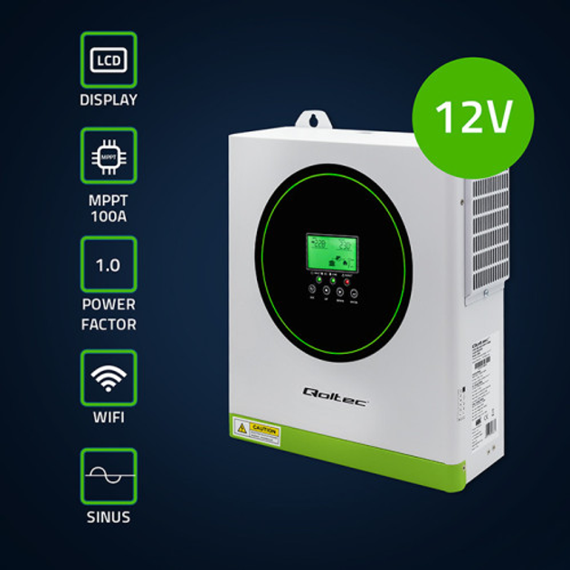 Hybrydowy inwerter Qoltec 1.5 kW 100A 12V MPPT Sinus Wi-Fi option (5901878538631) - obraz 3