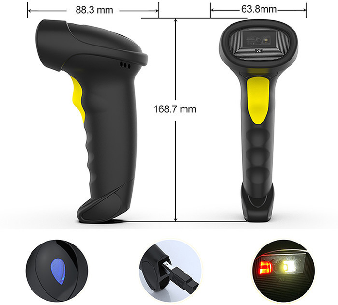 Skaner kodów kreskowych Qoltec Wireless Laser 1D 2D USB Bluetooth Black-Yellow (5901878508801) - obraz 4
