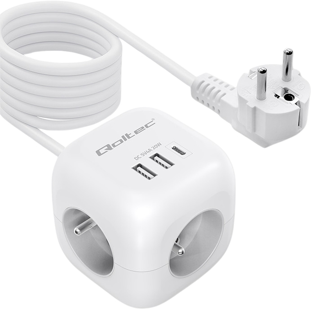 Rozgałęźnik sieciowy Qoltec Power Cube 3x AC + 2x USB + 1x USB-C PD 20W 2 m White (5901878525471) - obraz 1