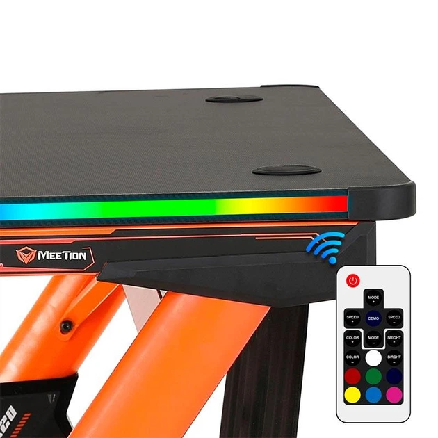 Стіл ігровий комп'ютерний геймерський MEETION DSK20 110x60x75 см із LED RGB підсвіткою, пульт управління, розбірна конструкція, карбонова поверхня Black/Orange - зображення 4