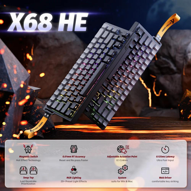 Магнитная игровая клавиатура ATTACK SHARK X68 HE 8kHz Черный с градиентом - Фото 2 Магнитная игровая клавиатура ATTACK SHARK X68 HE 8kHz Черный с градиентом - изображение 2