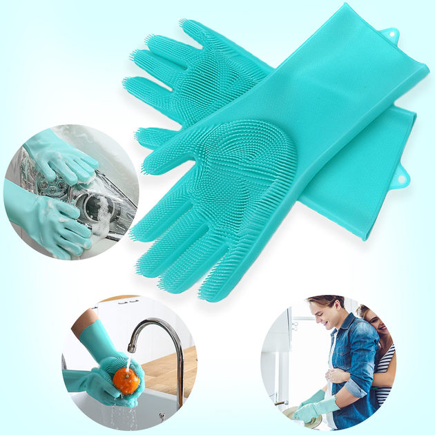 Силіконові рукавички зі щіткою для прибирання та миття посуду Kitchen Gloves бірюзовий (4775) - Фото 4 Силіконові рукавички зі щіткою для прибирання та миття посуду Kitchen Gloves бірюзовий (4775) - зображення 4
