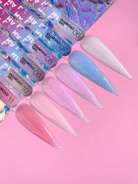 Гель с блестками №9 (Нежно-лиловый) Diamond Gel LunaMoon на 15 мл, выравнивание и наращивание ногтей - изображение 4