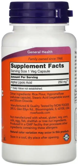 Альфа-ліпоєва кислота NOW Alpha Lipoic Acid 250 mg, 60 капс. - зображення 2