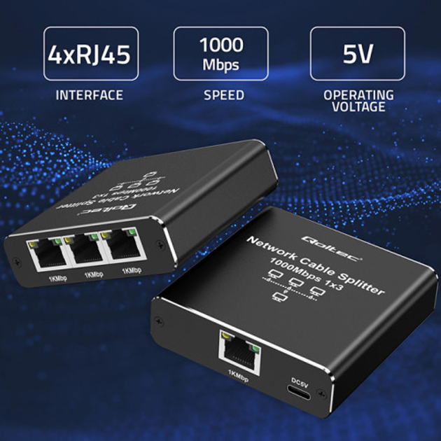 Rozdzielacz sieciowy Qoltec Ethernet mini SWITCH 1x3 RJ45 1000Mb/s USB-C (5901878522944) - obraz 3