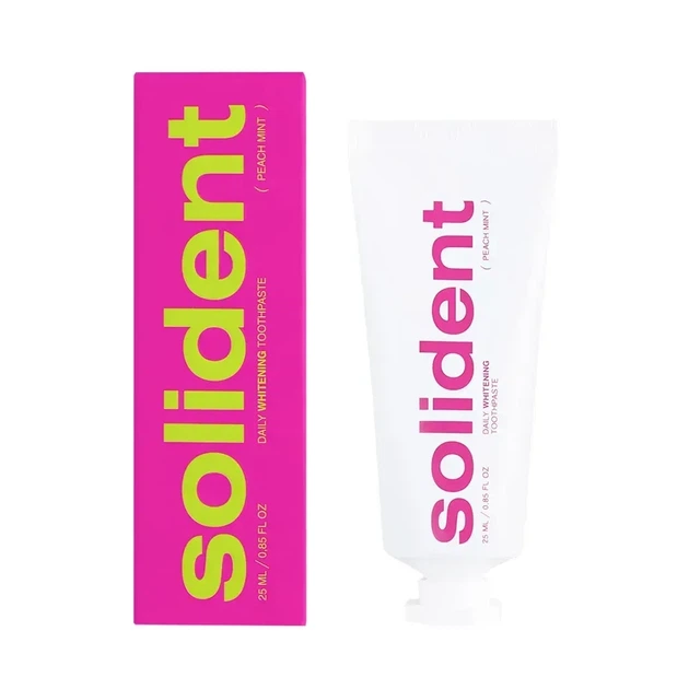 Щоденна вибілювальна зубна паста Solident Peach mint/персик-м'ята, 25 ml - Фото 1 Щоденна вибілювальна зубна паста Solident Peach mint/персик-м'ята, 25 ml - зображення 1