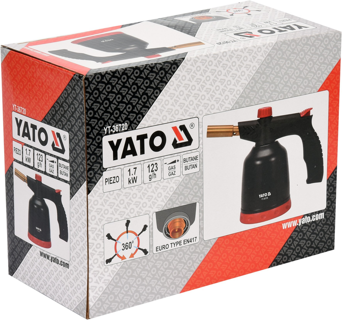 Лампа паяльна газова з п'єзозапалом YATO 1.7 кВт 123 г/год 360° тип зʼєднання EURO EN417 (YT-36720) (5906083068614) - зображення 3