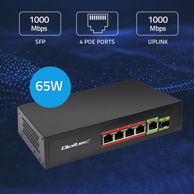Комутатор Qoltec PoE SWITCH 4x RJ45 PoE 1x RJ45 Uplink 1x SFP 65W 1000 Mb (5901878522968) - зображення 6