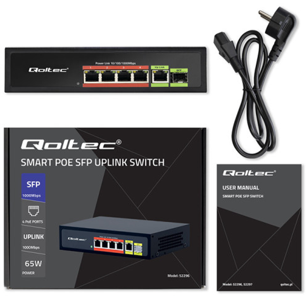 Комутатор Qoltec PoE SWITCH 4x RJ45 PoE 1x RJ45 Uplink 1x SFP 65W 1000 Mb (5901878522968) - зображення 11