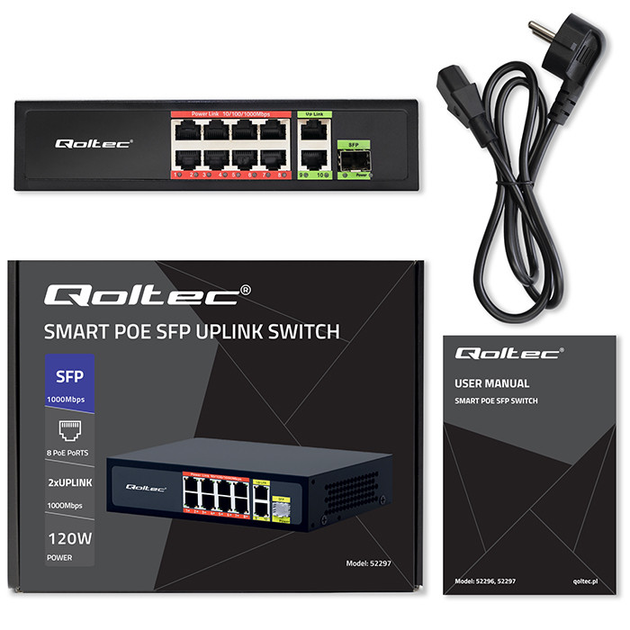 Switch Qoltec PoE SWITCH 8x RJ45 PoE 2x RJ45 Uplink 1x SFP 120W 1000 Mb (5901878522975) - obraz 7