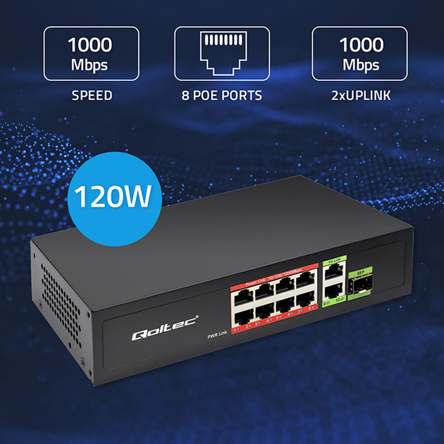 Switch Qoltec PoE SWITCH 8x RJ45 PoE 2x RJ45 Uplink 1x SFP 120W 1000 Mb (5901878522975) - obraz 10