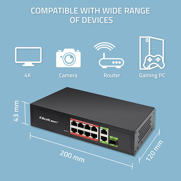 Switch Qoltec PoE SWITCH 8x RJ45 PoE 2x RJ45 Uplink 1x SFP 120W 1000 Mb (5901878522975) - obraz 11