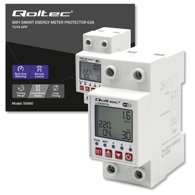 Wi-Fi реле з лічильником Qoltec Wi-fi DIN rail relay with electricity meter 63A Timer Tuya (5901878509907) - зображення 5