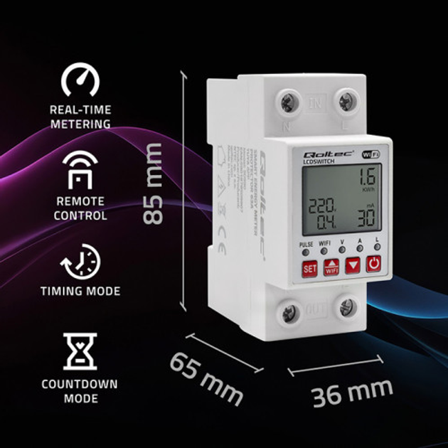 Wi-Fi реле з лічильником Qoltec Wi-fi DIN rail relay with electricity meter 63A Timer Tuya (5901878509907) - зображення 6