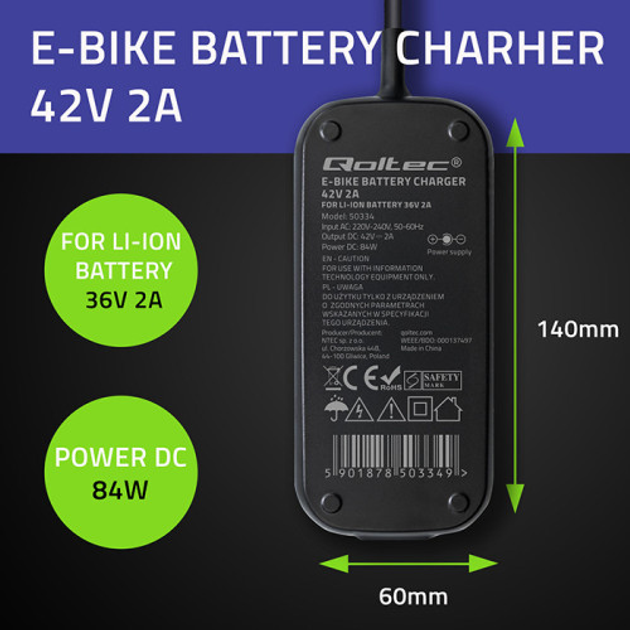 Zasilacz do roweru elektrycznego Qoltec Charger for e-bike, electric scooter XIAOMI 36V / 42V 2A 8.0*8.0 mm (5901878503349) - obraz 9