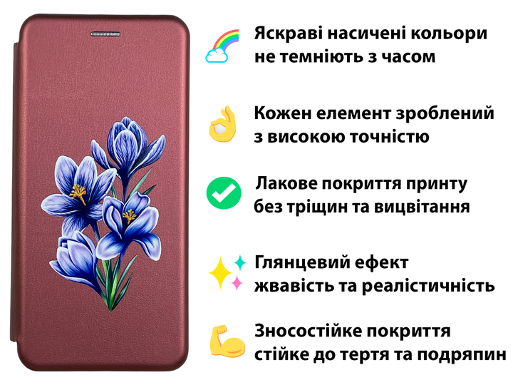 Чохол-книжка з 3D принтом крокусів для телефона OnePlus Nord N20 5G з екошкіри із підставкою та магнітом бордова - зображення 2