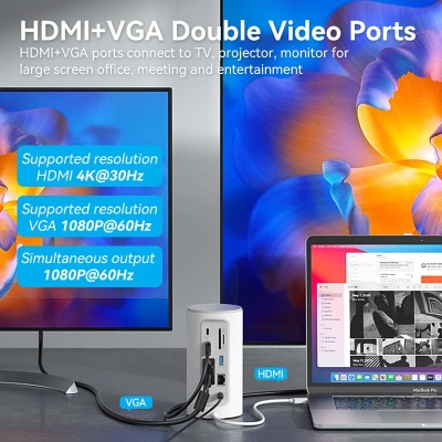 Док-станція USB3.1 Type-C --> HDMI/VGA/USB3.0x3/RJ45/SD/TF/TRRS 3.5m/PD/DC100W12-in-1Ventio - изображение 2