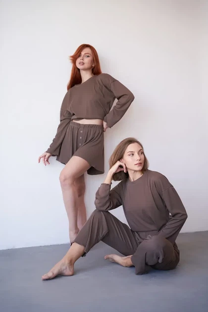 Женский домашний комплект тройка кофта, шорты и брюки Carmen L-XL коричневый - Фото 7 Женский домашний комплект тройка кофта, шорты и брюки Carmen L-XL коричневый - изображение 7