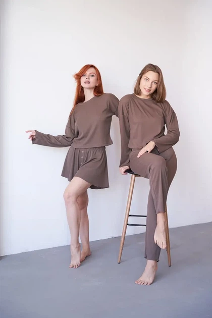 Женский домашний комплект тройка кофта, шорты и брюки Carmen L-XL коричневый - Фото 8 Женский домашний комплект тройка кофта, шорты и брюки Carmen L-XL коричневый - изображение 8