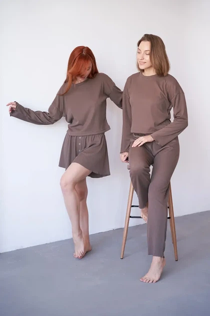 Женский домашний комплект тройка кофта, шорты и брюки Carmen L-XL коричневый - Фото 9 Женский домашний комплект тройка кофта, шорты и брюки Carmen L-XL коричневый - изображение 9
