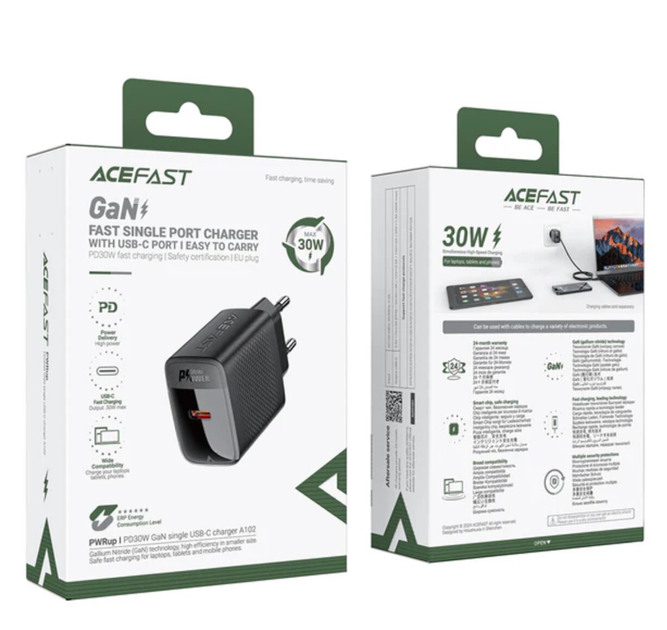 Зарядний блок живлення Type-C+USB ACEFAST A98 GaN 30 W 3 A чорний - зображення 2