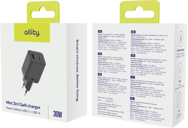 Ładowarka sieciowa Allity GaN PD QC ATC-01-30WAC 1x USB-C 1x USB-A 30W Black (5906667550153) - obraz 4