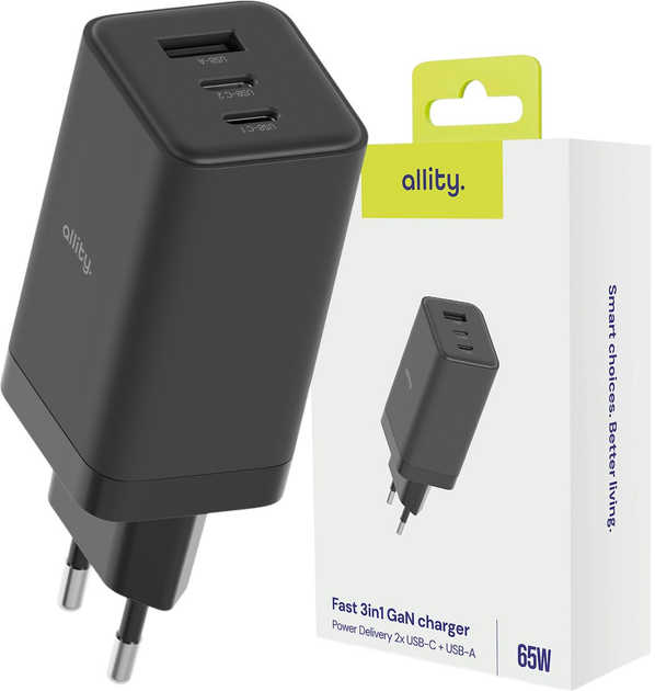 Зарядний пристрій Allity GaN PD QC ATC-01-65WACC 2x USB-C + 1x USB-A 65W Black (5906667550177) - зображення 3