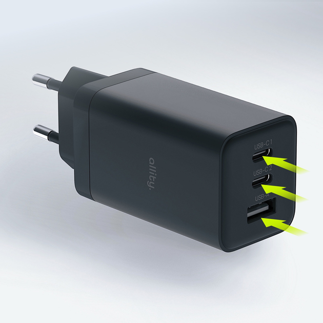 Зарядний пристрій Allity GaN PD QC ATC-01-65WACC 2x USB-C + 1x USB-A 65W Black (5906667550177) - зображення 6