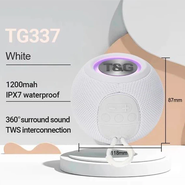 Портативна Bluetooth колонка TG337 з RGB підсвічуванням і функцією гучного зв'язку, радіо, біла - Фото 2 Портативна Bluetooth колонка TG337 з RGB підсвічуванням і функцією гучного зв'язку, радіо, біла - зображення 2
