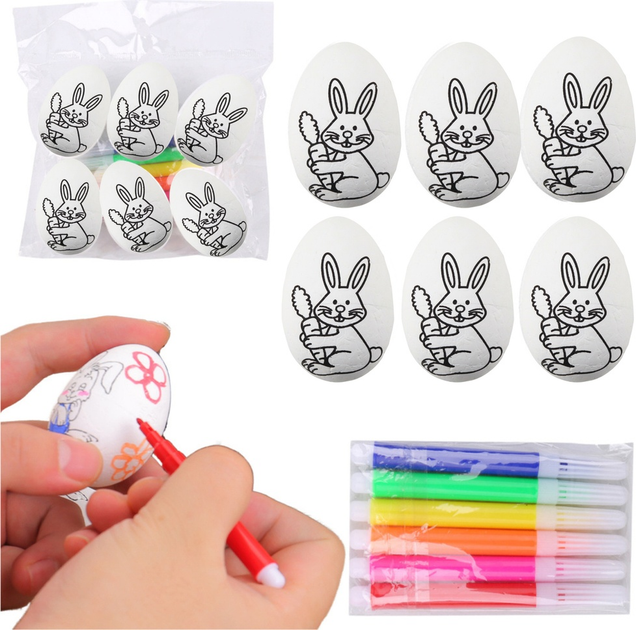 Zestaw styropianowych jajek LEAN Toys wielkanocnych ze wzorem zająca A do malowania pisakami 6 szt 21346 (5905991037798) - obraz 2