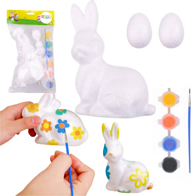 Набір пінопластових фігурок LEAN Toys до Великодня для розфарбовування: заєць + 2 яйця + фарби 21354 (5905991037873) - зображення 2