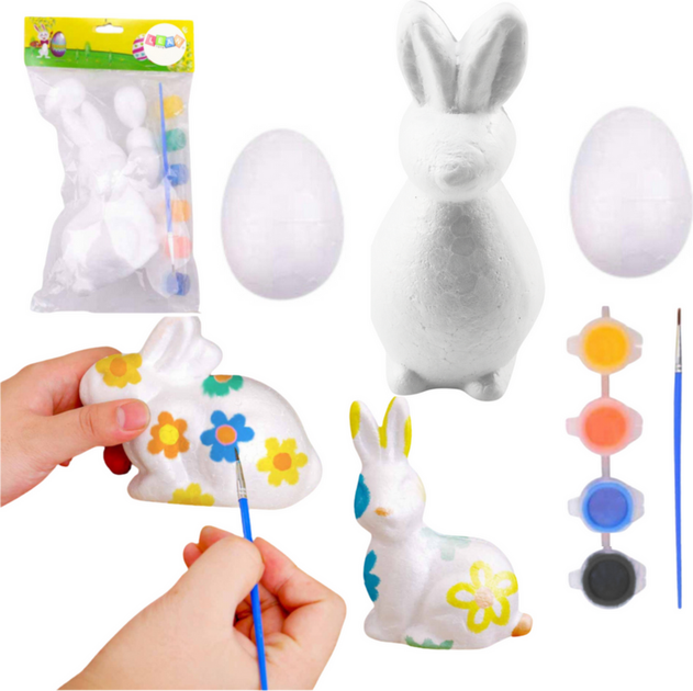 Набір пінопластових фігурок LEAN Toys для фарбування на Великдень: заєць + 2 яйця + фарби 21359 (5905991037927) - зображення 1