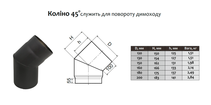 Коліно 45° для димоходу ø130 мм 2 мм Версія-Люкс (20032) - зображення 6
