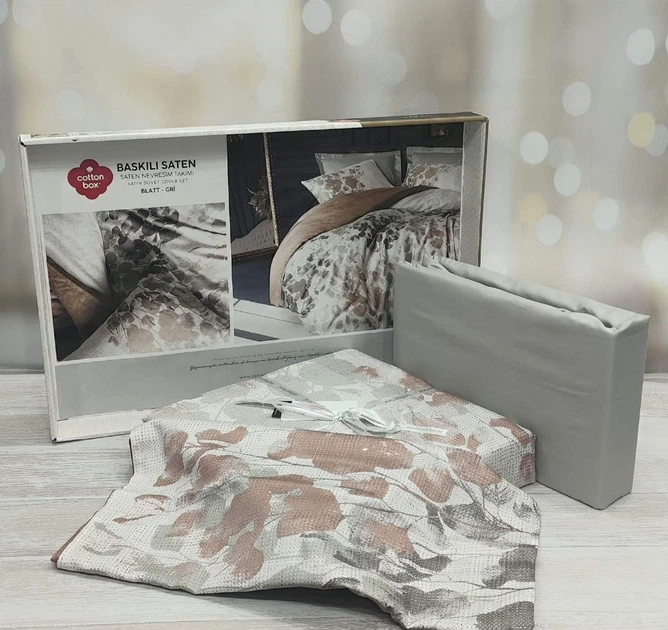 Постільна білизна євро розмір Cotton Box Lux Satin Blatt Gri - зображення 3