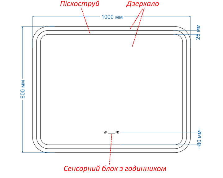 Закругленное зеркало с двумя LED подсветками 100 на 80 см, с двумя сенсорами, часами, механическим выключателем и подогревом, модель Anvi La Mir (Anvi/1000x800/5191/22/1) - изображение 4